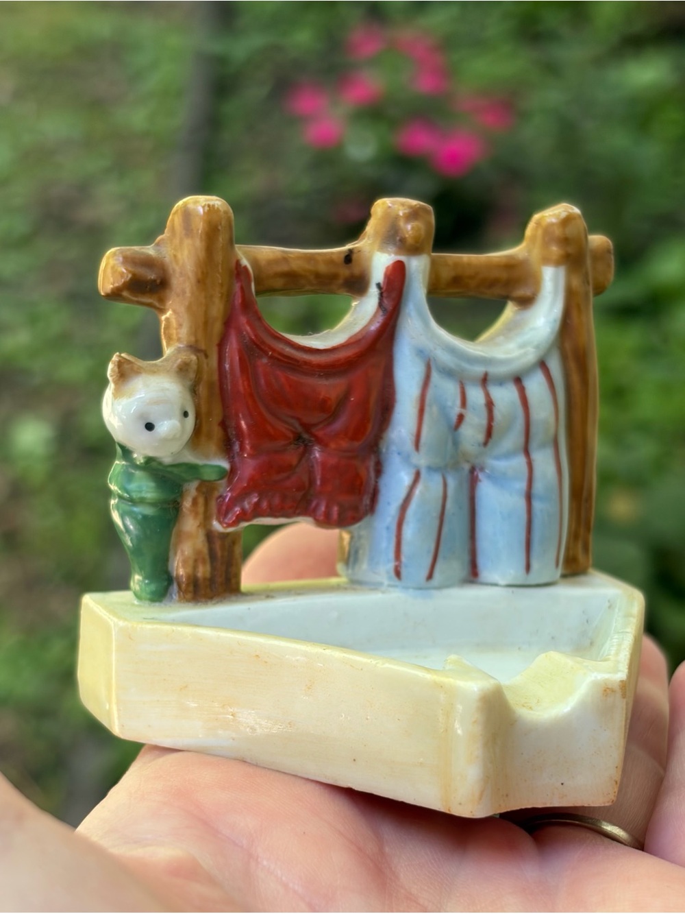 Vtg Occupied Japan Ceramic Cat Clothesline Ashtray Match Holder Rare Mid Century